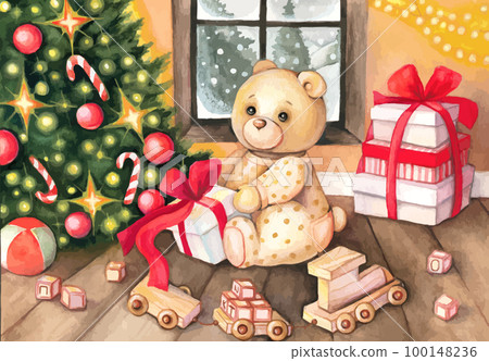 Teddy bear plays with Christmas presents.  100148236