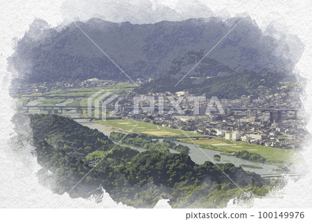 Watercolor-style view of Fukuyama city, Ashida River, Fukuyama City, Hiroshima Prefecture 100149976
