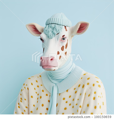 Fashion cow in stylish shirt and hat on blue background. Pop art modern style and lifestyle concept. Contemporary art, creative idea. Generative AI Fashion cow in stylish shirt and hat on blue background. Pop art modern style and lifestyle concept. Contemporary art, creative idea. Generative AI 100150659
