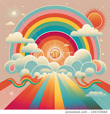 Retro groovy poster with rainbow and sun. Abstract 70s hippie style spring or summer optimistic illustration for graphic tee t shirt or print Retro groovy poster with rainbow and sun. Abstract 70s hippie style spring or summer optimistic illustration for graphic tee t shirt or print 100150660