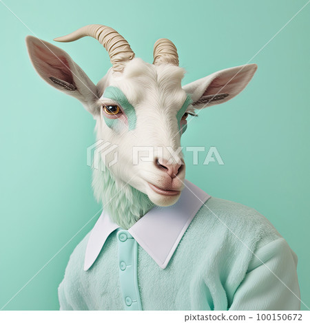 Fashion goat in shirt. Mint green monochrome portrait. Pop art modern style and lifestyle concept. Contemporary art, creative idea. Generative AI Fashion goat in shirt. Mint green monochrome portrait. Pop art modern style and lifestyle concept. Contemporary art, creative idea. Generative AI 100150672
