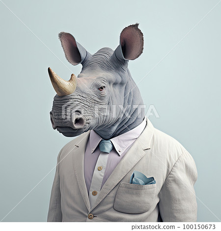 Fashion rhino in shirt. Light blue monochrome portrait. Pop art modern style and lifestyle concept. Contemporary art, creative idea. Generative AI Fashion rhino in shirt. Light blue monochrome portrait. Pop art modern style and lifestyle concept. Contemporary art, creative idea. Generative AI 100150673