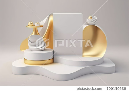 Product display podium with geometric shapes, podium and platform on white background. Stage showcase for beauty product on pedestal. Modern abstract background. 3D 100150686