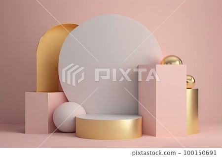 Product display podium with gold geometric shapes, podium and platform on pink background. Stage showcase for beauty product on pedestal. Modern abstract background. 3D Product display podium with gold geometric shapes, podium and platform on pink background. Stage showcase for beauty product on pedestal. Modern abstract background. 3D 100150691