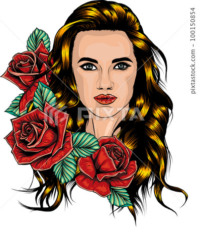 beautiful young woman in flower wreath. Cute girl with long hair. Sketch. Vector illustration. beautiful young woman in flower wreath. Cute girl with long hair. Sketch. Vector illustration. 100150854