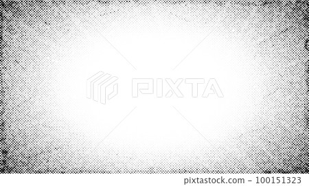 Halftone radial texture. Comic style grain background. Pop art faded textured frame. Grunge sand speckles effect. Dotted particles print wallpaper. Pixelated gradient vector backdrop  100151323