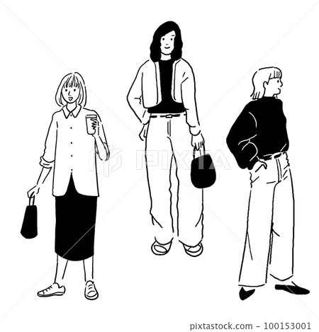 Hand drawn vector line drawing of a fashionable woman 100153001