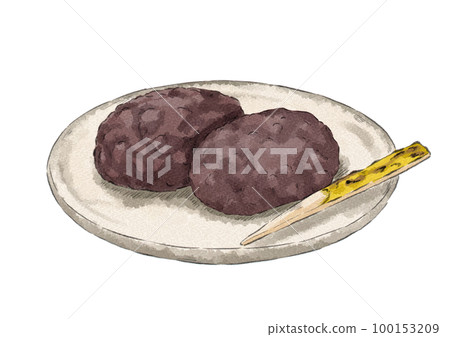 Illustration of botamochi on a plate (watercolor style) 100153209