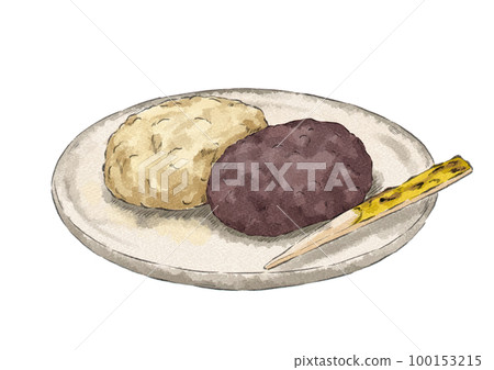 Illustration of soybean flour and grainy botamochi on a plate (watercolor style) 100153215