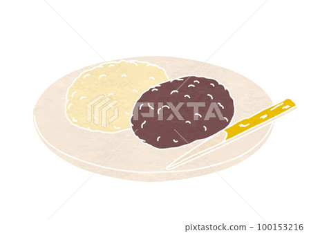 Illustration of soybean flour and grainy botamochi on a plate (print style) 100153216