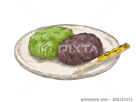 盤子上抹茶和粒狀botamochi的插圖（水彩風格） 100153221