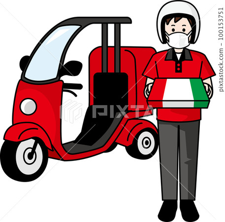 Delivery pizza Male delivery staff wearing a mask 100153751