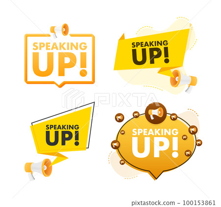 Megaphone label set with text speaking up. Megaphone in hand promotion banner. Marketing and advertising 100153861