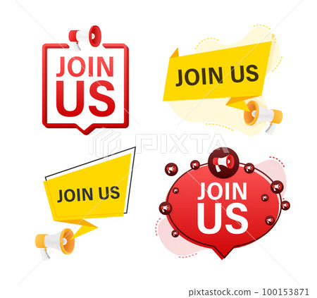 Megaphone label set with text Join us. Megaphone in hand promotion banner. Marketing and advertising 100153871