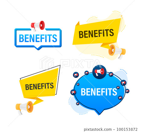 Megaphone label set with text Benefits. Megaphone in hand promotion banner. Marketing and advertising Megaphone label set with text Benefits. Megaphone in hand promotion banner. Marketing and advertising 100153872
