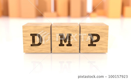 A wooden block with the letters DMP printed on it A wooden block with the letters DMP printed on it 100157923
