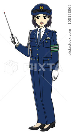 A female police officer with a pointing stick (diagonally facing, slacks) 100158063