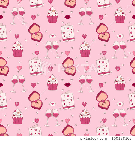 Valentine's Day Hand drawn seamless pattern. Postcard, heart, wine, ring and other elements. 100158103