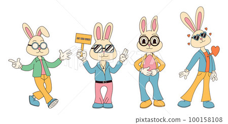 Groovy hippie Happy Easter characters. Set of Easter bunnies in trendy retro 60s 70s cartoon style. 100158108