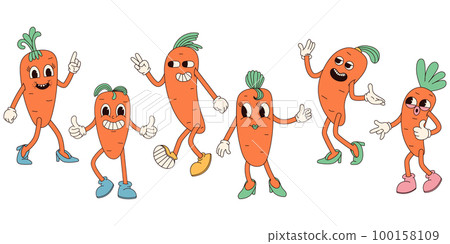 Groovy hippie Happy Easter characters. Set of Easter carrot in trendy retro 60s 70s cartoon style. 100158109