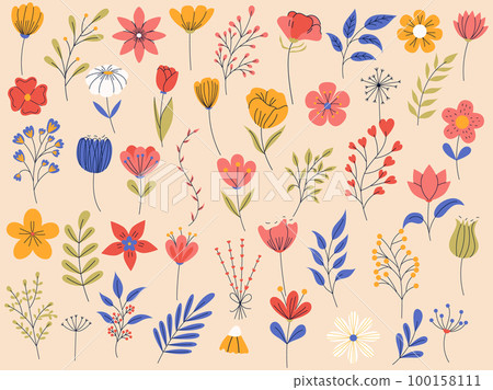 Big set of floral elements. Romantic flower collection with flowers, and leaves. Good for greeting cards or invitation design, floral poster. 100158111