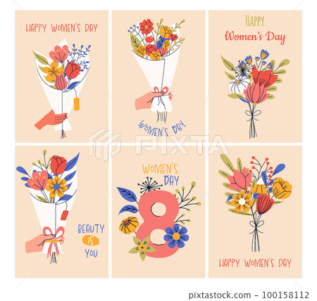 Collection of greeting card or postcard templates. 8 march, International Women's Day. Girl power, feminism, sisterhood concept. 100158112