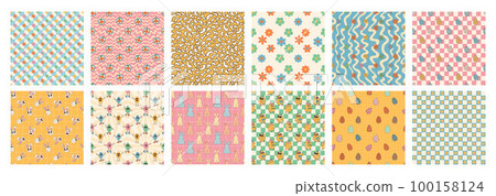 Groovy hippie Happy Easter seamless pattern set. Easter backgrounds in trendy retro 60s 70s cartoon style. 100158124