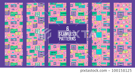 Set of vaporwave UI and UX elements seamless pattern. PC retro game frame. Nostalgic style 70s, 80s, 90s. 100158125