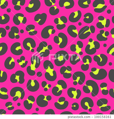 Leopard print seamless pattern. Neon cheetah skin 80 90s design. Black and yellow spots on bright pink background. Vector 100158161