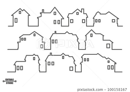 Neighborhood houses outline panoramic landscape. Continuous one line buildings drawing silhouette. Minimalistic vector illustration. Neighborhood houses outline panoramic landscape. Continuous one line buildings drawing silhouette. Minimalistic vector illustration. 100158167