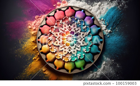 AI generated background with Indian festival dussehra, showing golden mandala on colorful powder background 100159003