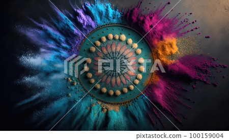 AI generated background with Indian festival dussehra, showing golden mandala on colorful powder background 100159004