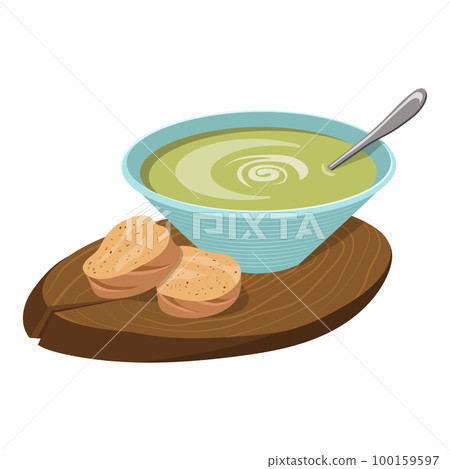 Avocado puree soup on a board with bread. Vector illustration 100159597