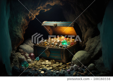 Treasure chest with treasure hidden in the cave Treasure chest with treasure hidden in the cave 100160338