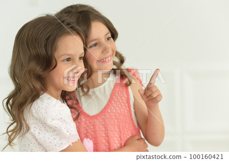 Studio portrait of cute twin sisters posing 100160421