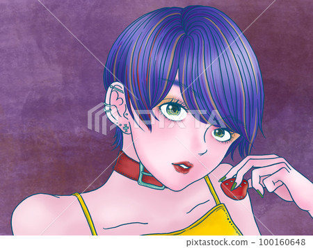 吃草莓的女孩霧紫色背景紫色背景 100160648