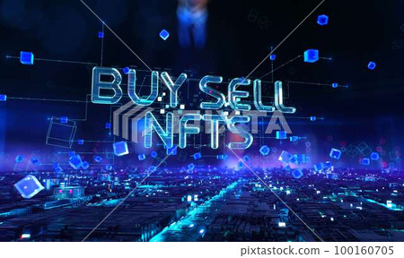 Buy Sell Nfts - businessman working and touching with augmented virtual reality at night office. 100160705