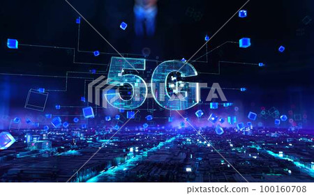 5G - businessman working and touching with augmented virtual reality at night office.  100160708