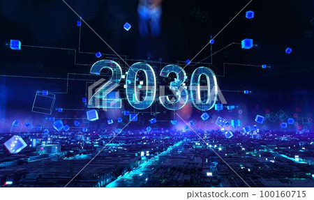 2030 - businessman working and touching with augmented virtual reality at night office. Dynamic digital background 2030 - businessman working and touching with augmented virtual reality at night office. Dynamic digital background 100160715