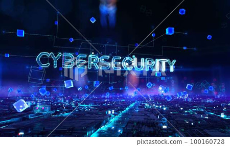 Cybersecurity - businessman working and touching with augmented virtual reality at night office. Cybersecurity - businessman working and touching with augmented virtual reality at night office. 100160728