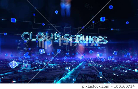 Cloud Services - businessman working and touching with augmented virtual reality at night office. 100160734