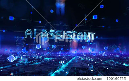 AI Assistant- businessman working and touching with augmented virtual reality at night office. AI Assistant- businessman working and touching with augmented virtual reality at night office. 100160735