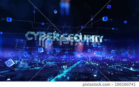 Cyber Security - businessman working and touching with augmented virtual reality at night office. Cyber Security - businessman working and touching with augmented virtual reality at night office. 100160741