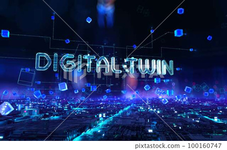 Digital Twin - businessman working and touching with augmented virtual reality at night office. 100160747