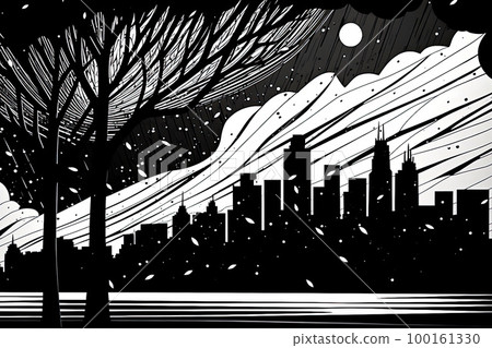 Black and white sketch of a cityscape: high-rise buildings, evening, moon, it is snowing Black and white sketch of a cityscape: high-rise buildings, evening, moon, it is snowing 100161330