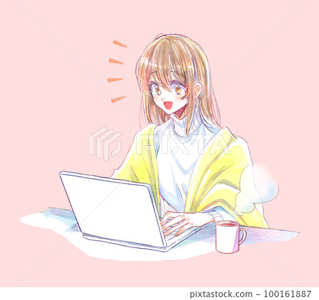 操作電腦的女人微笑咖啡 100161887