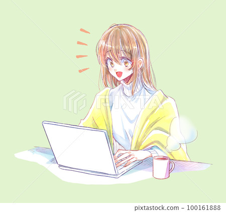 Woman operating a computer smile coffee Woman operating a computer smile coffee 100161888