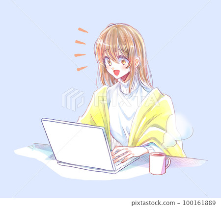 Woman operating a computer smile coffee Woman operating a computer smile coffee 100161889