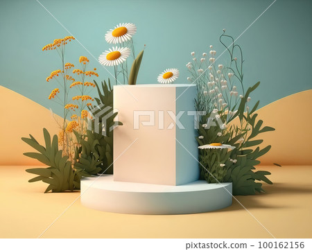 AI generated  minimal geometric podium with daisy flowers and leaves 100162156