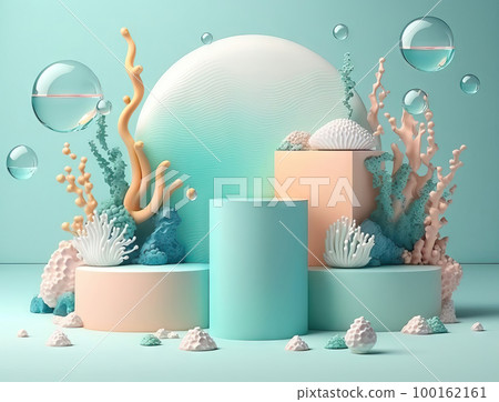 AI generated abstract background with geometric shapes, podiums, sea shells and corals 100162161